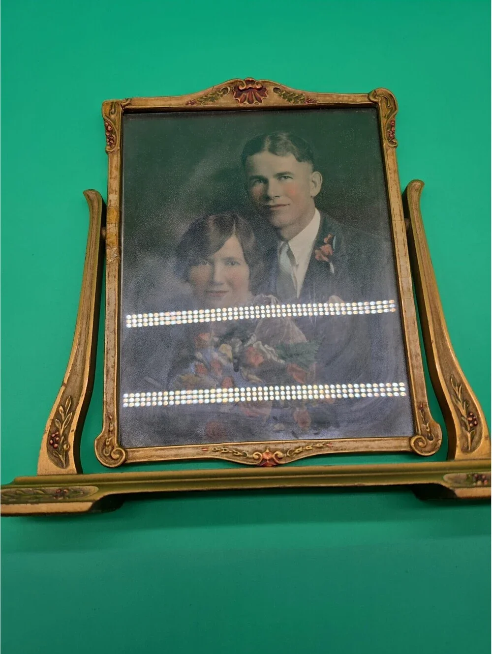 Antique 1930s Art Deco Victorian Style Ornate Wood Picture Frame Hand Colored